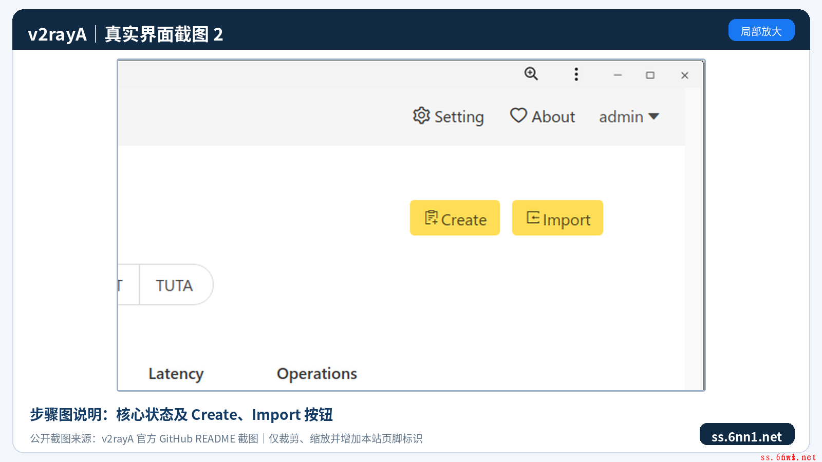 图 12-2：v2rayA—核心状态及 Create、Import 按钮（真实界面截图）